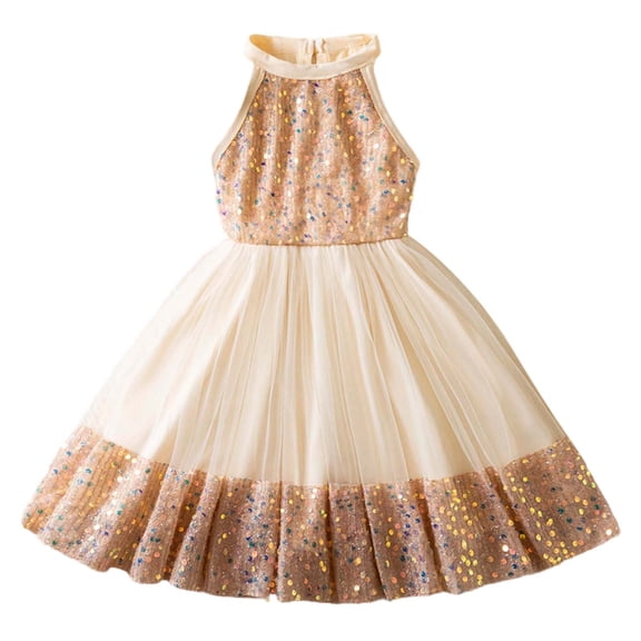Rggeeun Toddler Sparkly Dress For Girls Summer Party Gown With Sequin Details Elegant Birthday Celebration Attire Stylish Casual O-Neck Sundress