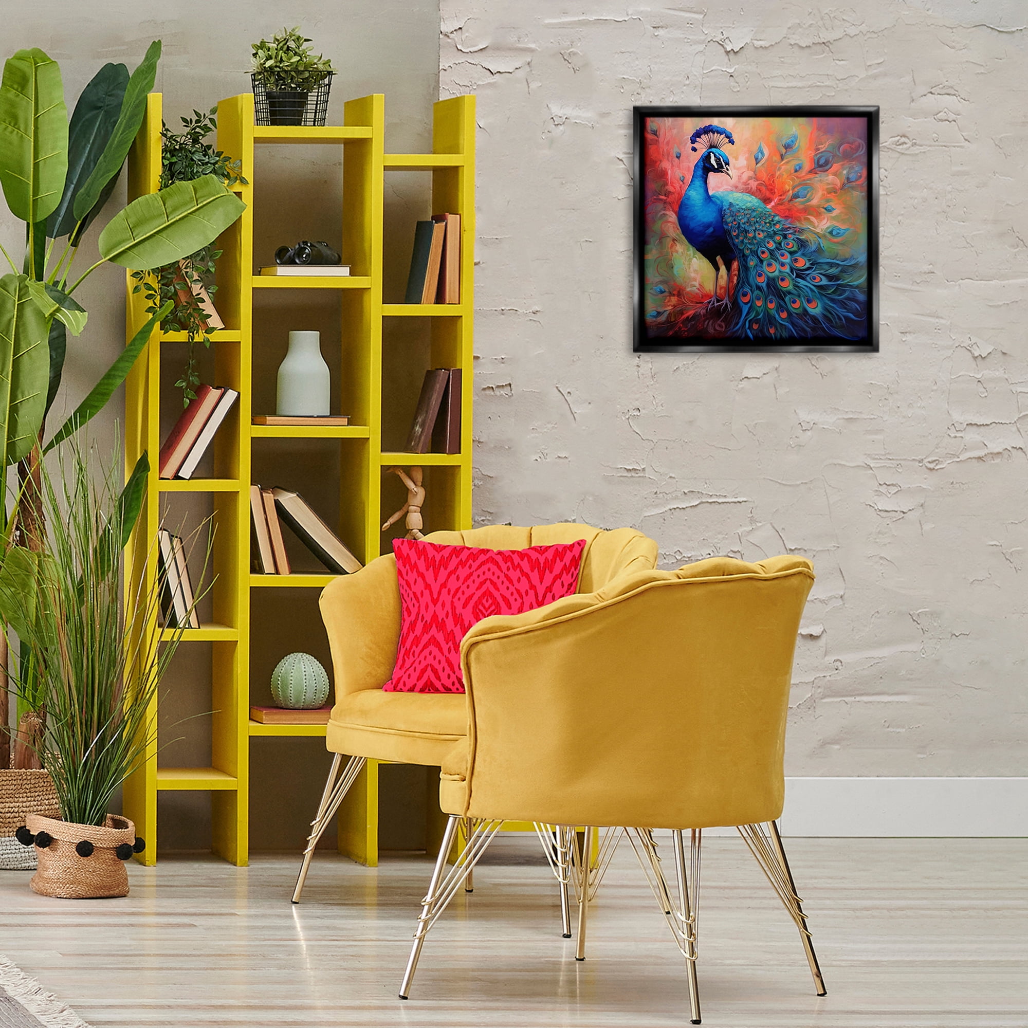 Stupell Industries Feathered Fantasy Peacock Animals Painting Black Floater Framed Canvas Art Print Wall Art, 18 x 18