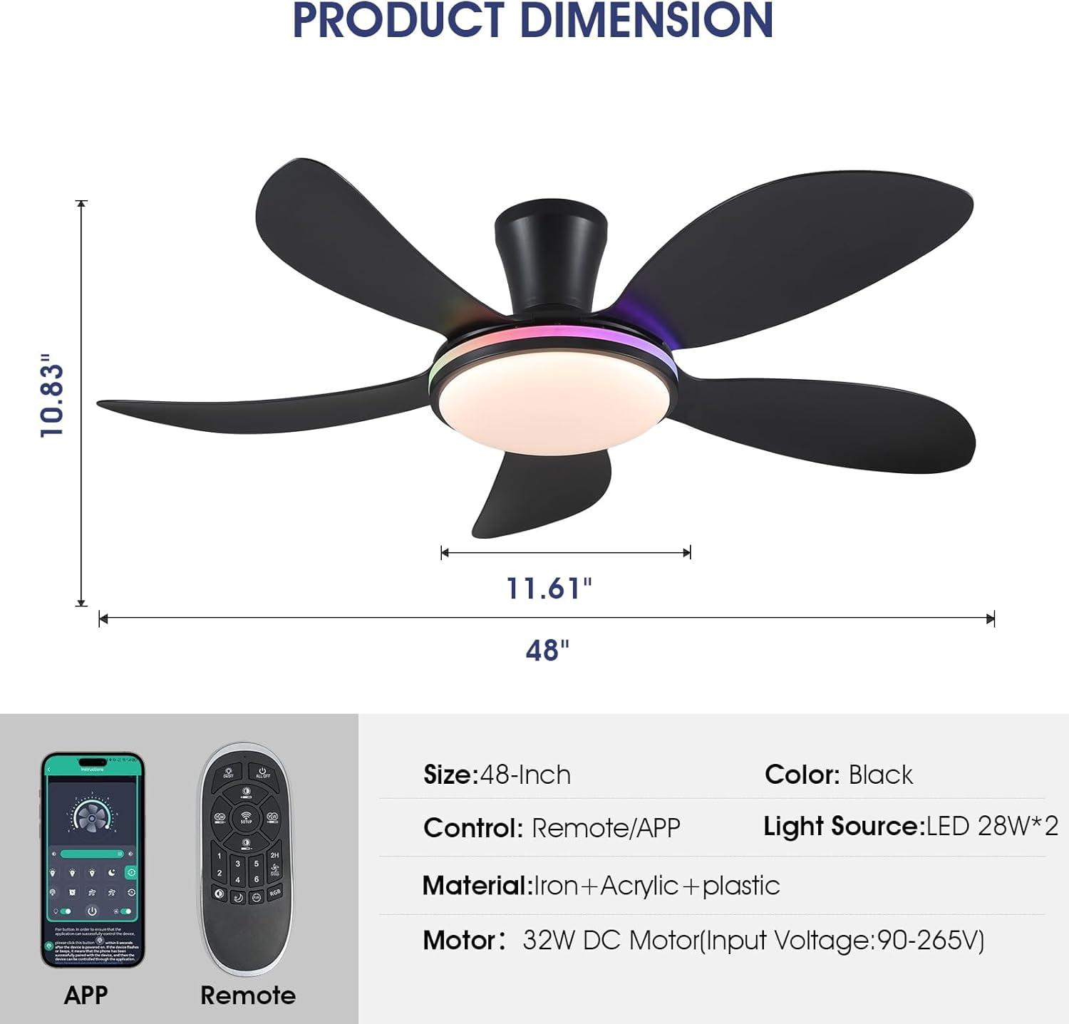 PHORUS 48" Low Profile Ceiling Fan with Light and Remote, Dimmable 3-Color LED, 6-Speed Quiet Reversible DC Motor, APP Control, Energy-Efficient Indoor/Outdoor Ceiling Fan,Black RGB