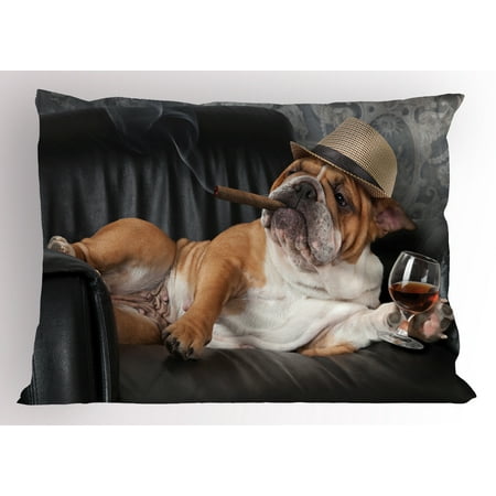 Bulldogs Locker Room Sham Bulldog Pillow Sham Humorous Photo of a Gentleman Dog Resting in a Chair with Glass of Drink and Cigar, Decorative Standard Size Printed Pillowcase, 26 X 20 Inches, Multicolor, by Ambesonne ()