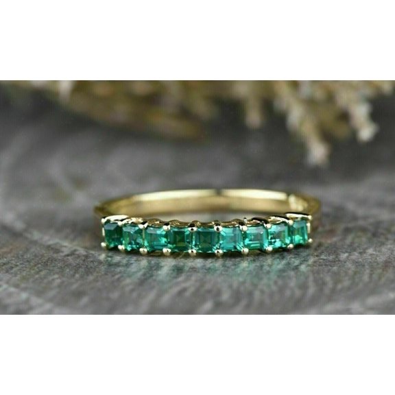 Princess Cut Green Emerald 14K Yellow Gold Plated Half Eternity Wedding Band Ring Silver