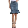 thumbnail image 1 of Falda de mezclilla ajustada con volantes en la parte inferior, de longitud a la rodilla, para mujer, XS, azul grisáceo, 1 of 6