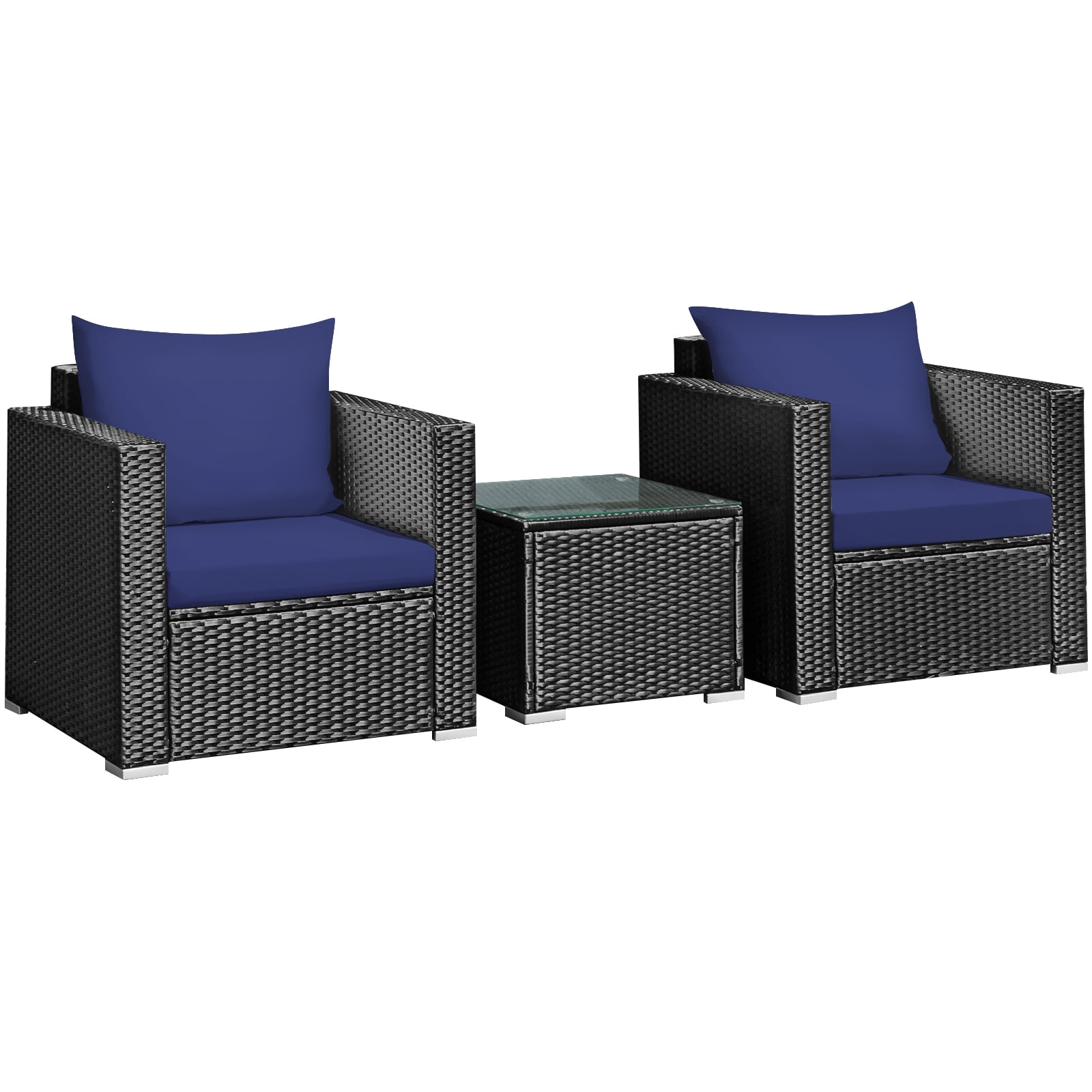 Patiojoy 3PCS Patio Rattan Furniture Conversation Set with 2 Cushioned Sofas & Coffee Table for Outdoor Navy