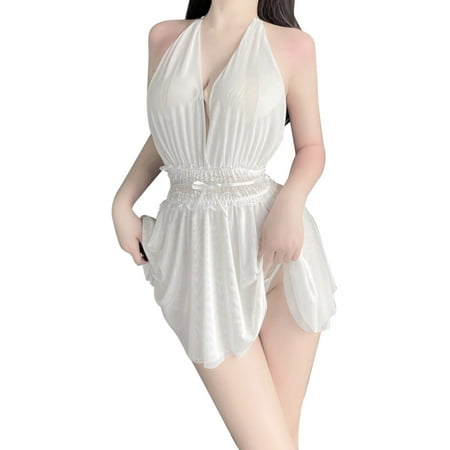 

cuitcosohg Plus Size Underwear Sexy Lingerie for Women Deep V Open Back Design Double Layer Mesh Halter Nightdress Lace Encanto Dress for Girls