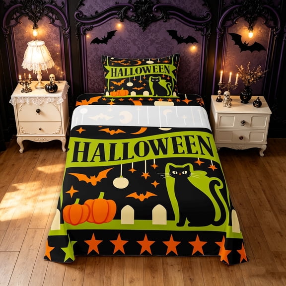 Feelyou Spooky Cat Pumpkin Twin Sheets, Cartoon Bat Spider Bedding, Black Green, 3pcs, 1 Flat Sheet, 1 Fitted Sheet and 1 Pillowcase