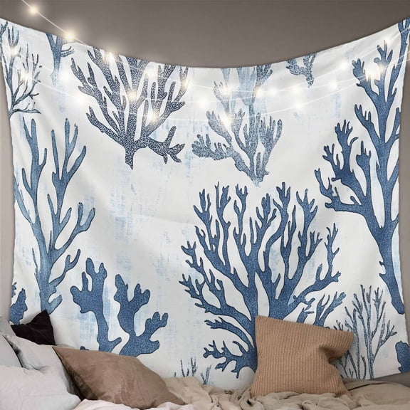 Blue Grey Coral Tapestry for Bedroom Wall Hanging Tapestry, Coastal Watercolor Ocean Ceiling Backdrop Tapestries Poster Blanket Wall Decor for Teens Room Living Room Dorm 51" x 59"