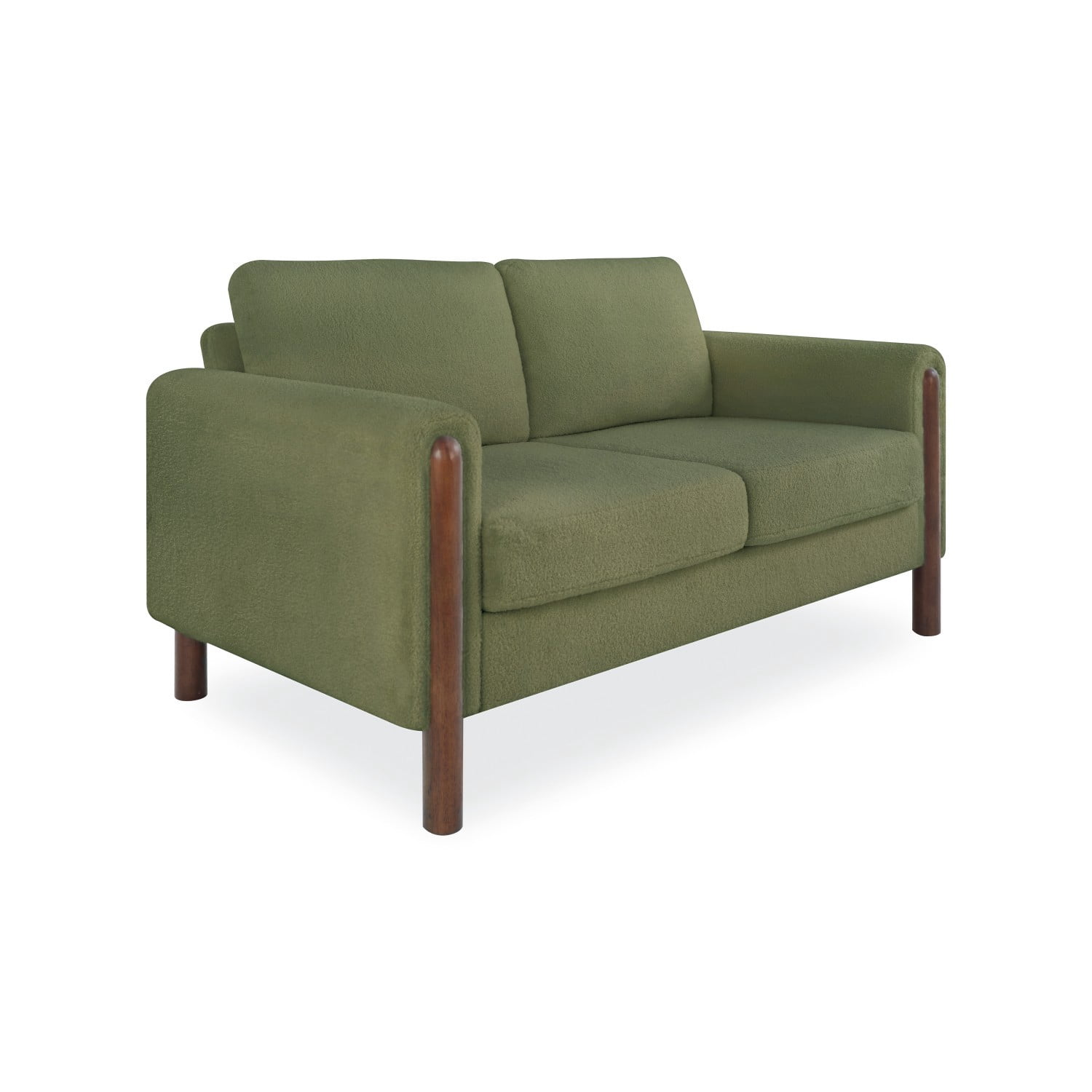 Mid Century Modern 2 Seater Loveseat Sofa Teddy Fabric Upholstered Couch with Walnut Legs and Back Pillows for Living Room Bedroom Office, Green