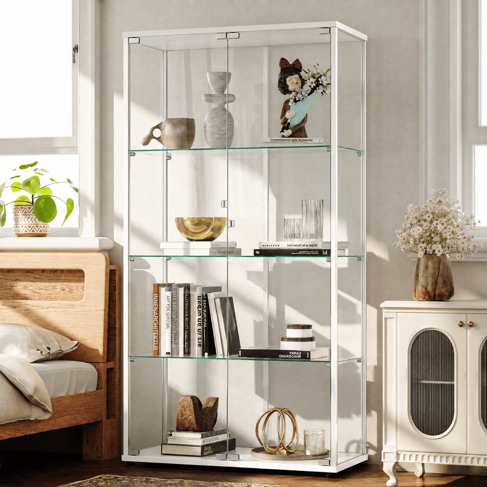 Gleamira 4-Shelf Glass Display Cabinet Freestanding Curio Cabinet with Aluminum Frame Double Glass Doors, White