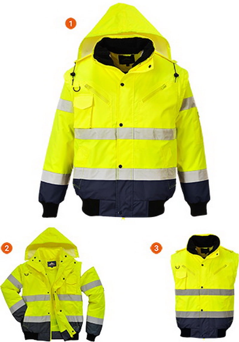 Portwest 3 in1 Bomber Jacket Work Padded HI VIS Zip-Out Sleeves S 6XL C465 