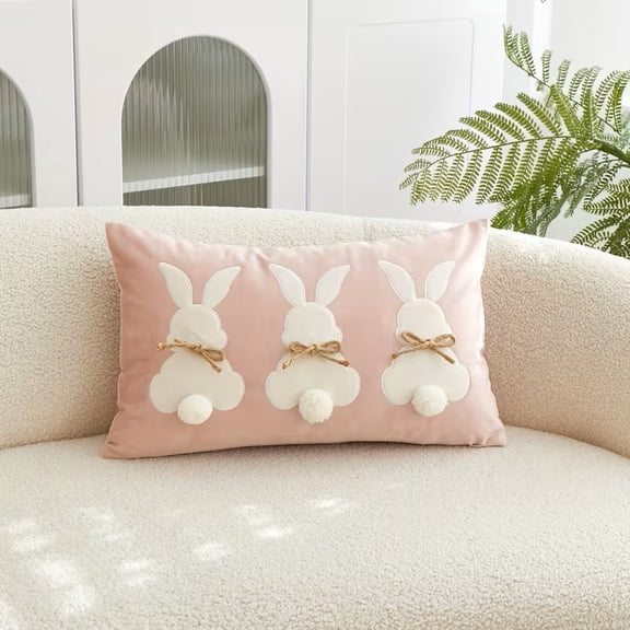 Easter Embroidered Rabbit Throw Pillow Cover 12 x 20 Inches- Soft Polyester Cushion Case for Easter Spring Home Decor, Sofa and Chair Decoration, Pink，1 Pack
