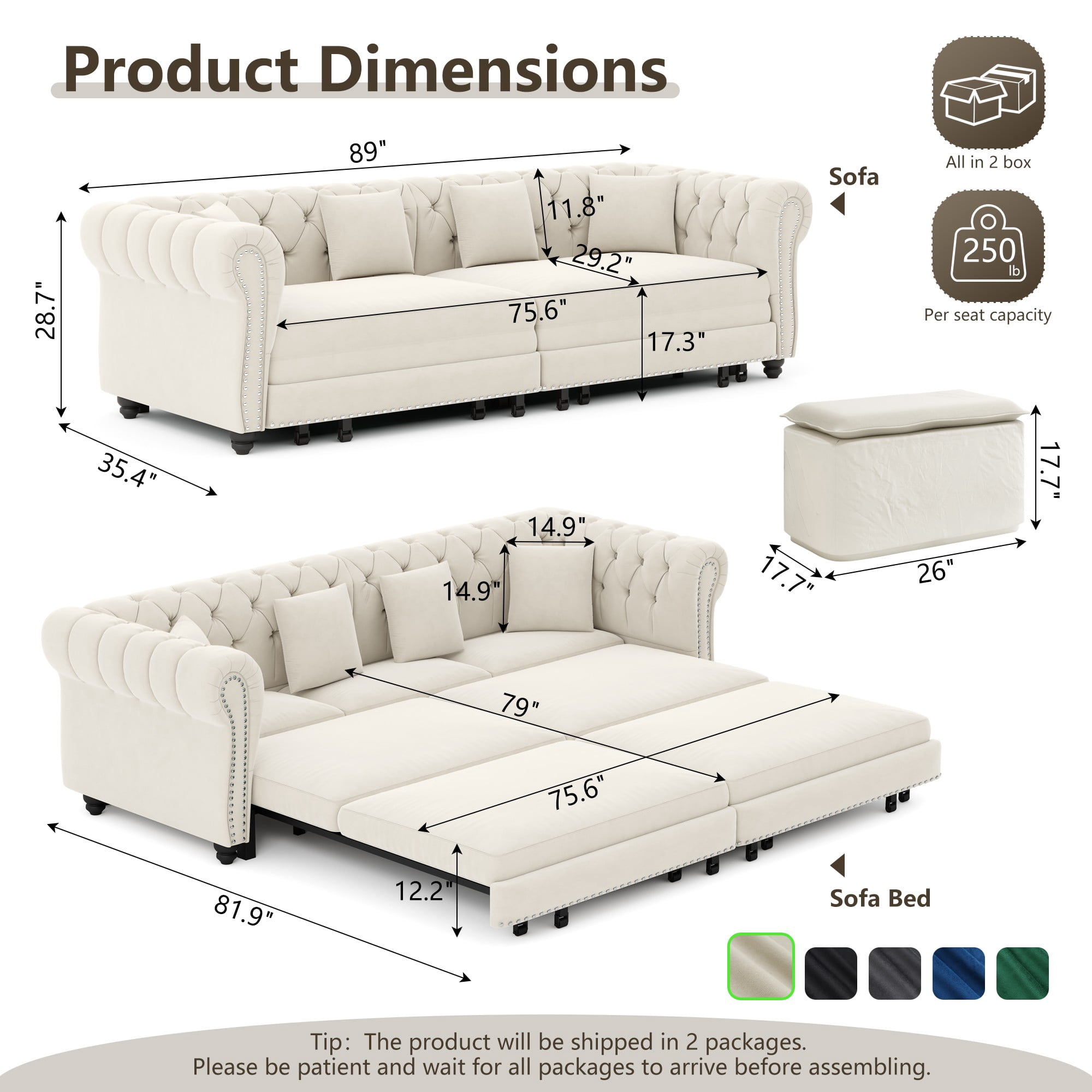 DEALTOPS 89" Velvet King Size Pull-Out Sofa Bed, 3-in-1 Convertible Sleeper Sofa with Ottoman & 4 Pillows, Beige