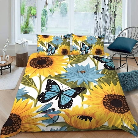 Pratyus Sunflowers Butterflies Pattern 3-Piece Bedding Set, Easy to Clean, Soft Peach Skin Fabric, Bedroom; Guest Room 87x68in