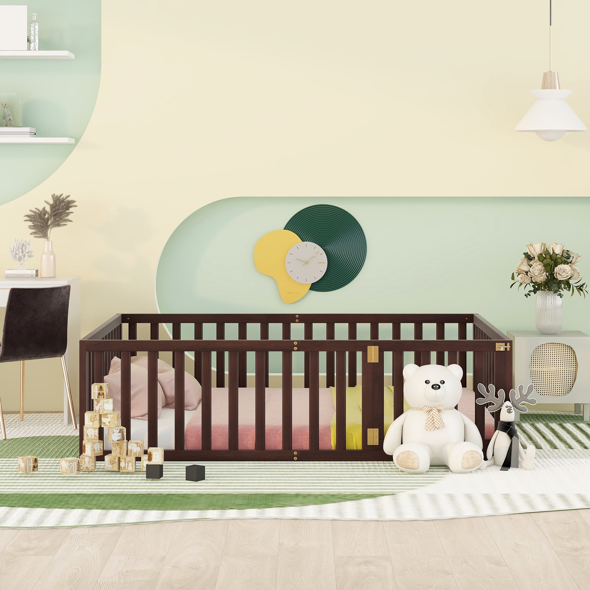 Mintazer Full Floor Bed with Guardrails & Hinged Gate Door, Montessori Toddler Floor Bed Frame for Kids, Walnut