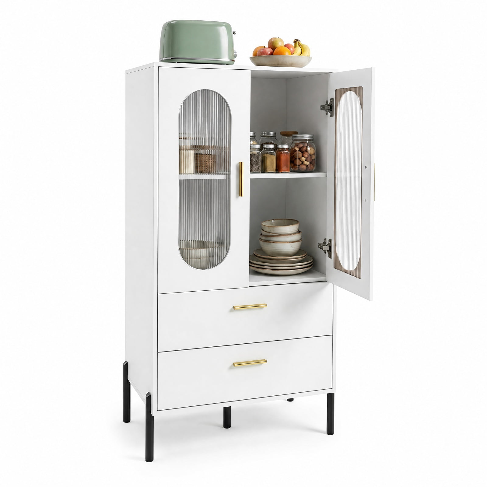 Furnibear Modern Sideboard Buffet Cabinet with Fluted Doors for Kitchen Dining Living Room Buffet Storage Server, White