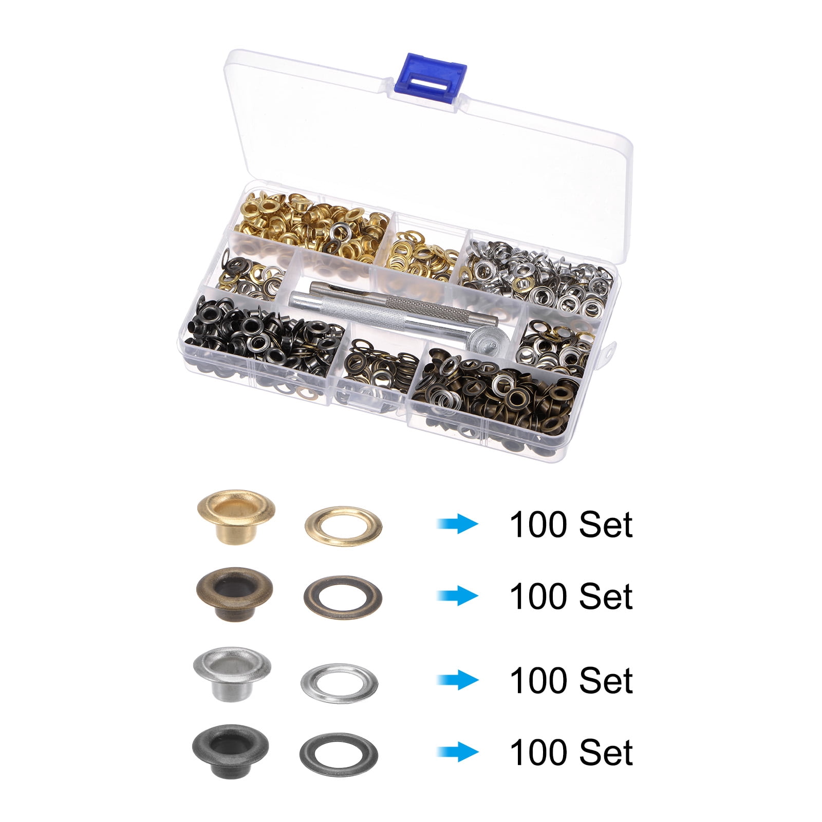 4 Colors Grommet Tool Kit 100 Sets 5mmx10mm Dia Copper Grommets Eyelets with 3pcs Install Tools