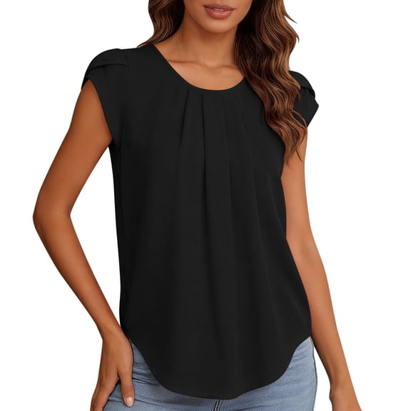 Livrdious Plus Size Womens Dressy Business Casual Tops Work Trendy Short Sleeve Chiffon Shirts Summer Cute Pleated Crewneck Blouses, S-5XL