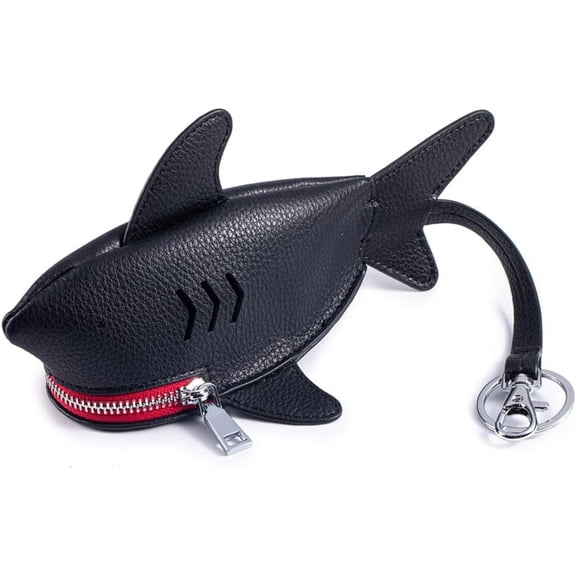 Leather Shark Shape Key Pouch - Multi-Functional Mini Coin Purse Keychain with Lanyard, Universal Key Holder for Car & Household (Black Red)L