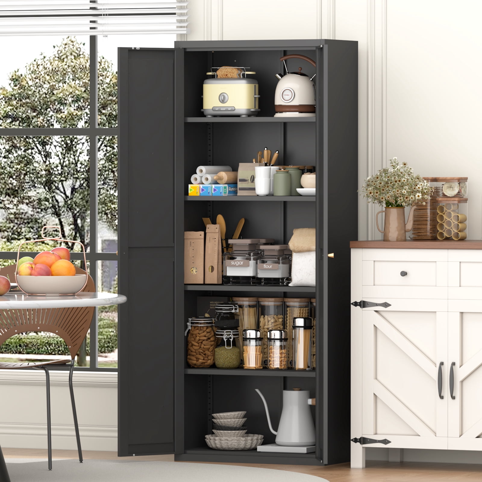 2 Doors Metal Storage Cabinet Kitchen Pantry Cabinet With Adjustable Shelves Tall Steel Cabinet Locker For Kitchen, Living Room, Dining Room and Office