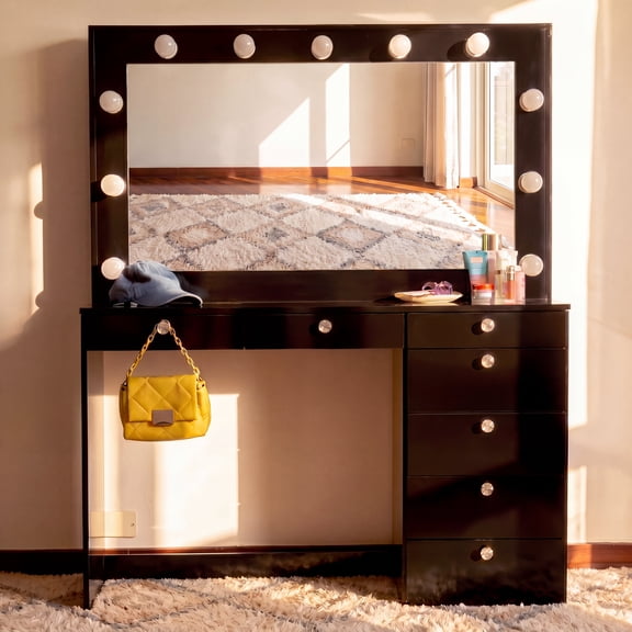 Ember Interiors Melody Black Makeup Vanity Desk with Lights, Charging Station