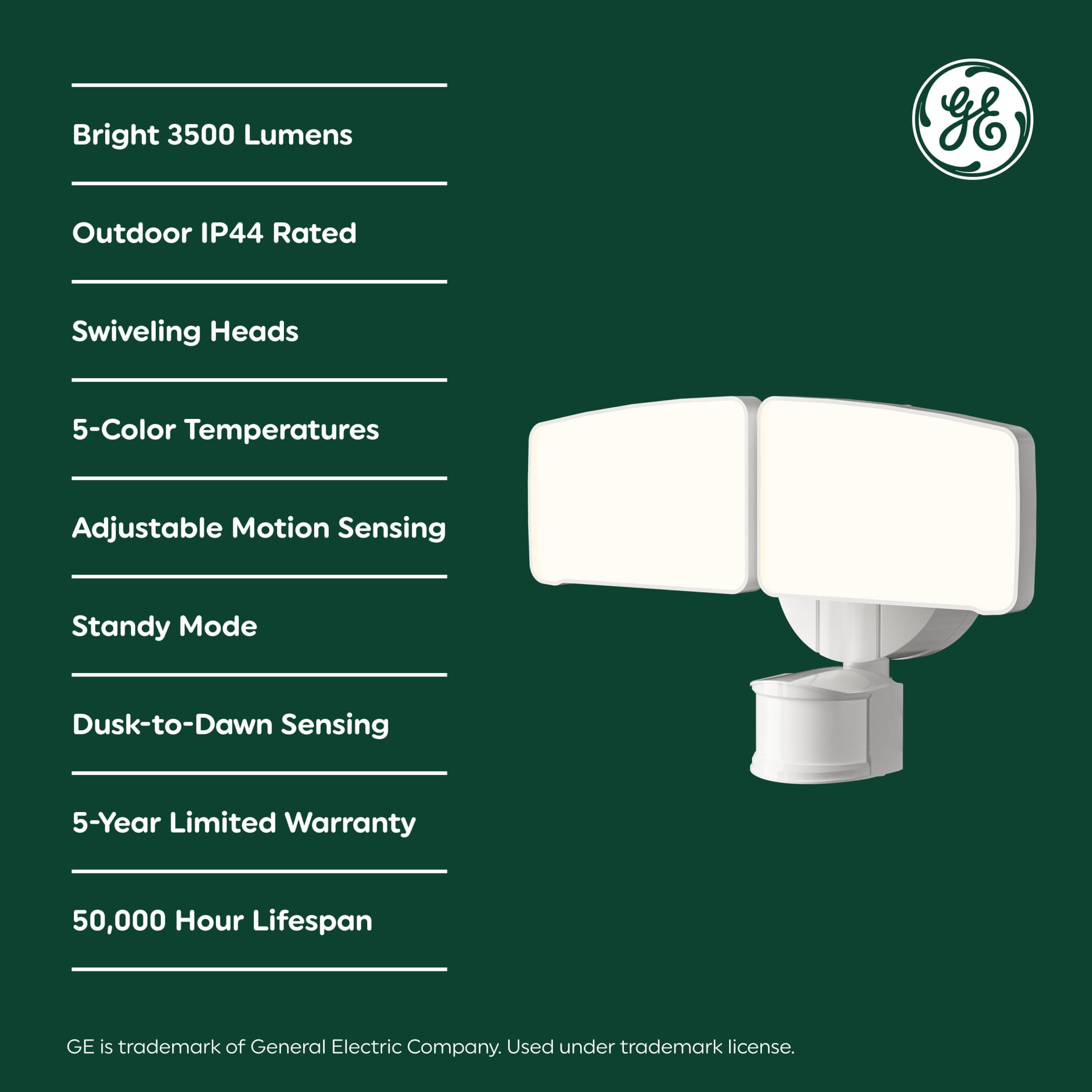 GE Outdoor Security LED Floodlights, Adjustable 2-Head Light with Motion & Dusk to Dawn Sensor, Hardwired, 3500 Lumens