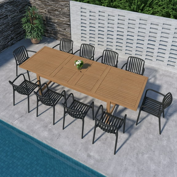 Urban Elements Perry 11-Piece Teak Finish Wood 100% FSC Patio Extendable Dining Set Black