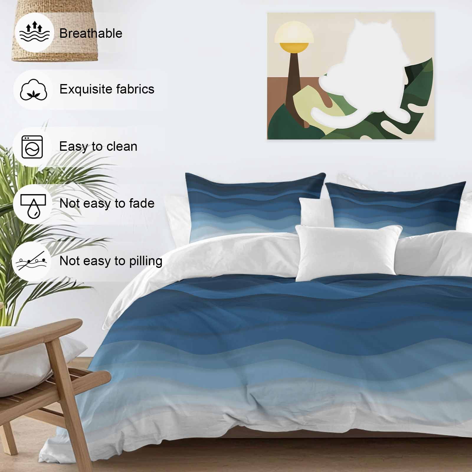 Navy Blue Ombre Bedding 3 Piece Duvet Cover Set Queen Size, Modern Moire Wave Gradient Soft Microfiber Comforter Cover with Zipper Closure & Pillowcases, Wrinkle & FadeResistant Quilt Cover