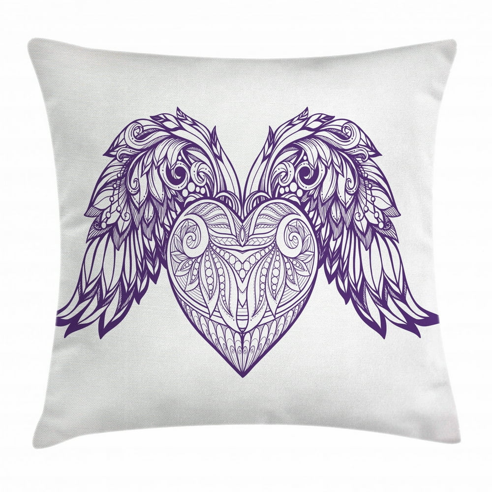 Angel Wings Throw Pillow Cushion Cover, Boho Ornamental Heart with