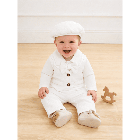 PureChapter Baby Boy 3-Piece Baptism Outfit - Adorable Long Sleeve Vest-Style Onesie with Pants and Hat for Christening,Gift