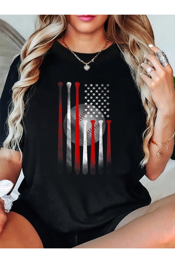100% Cotton Vintage Baseball American Flag T-Shirt, Classic Fit Black Tee for Dad and Mom Women's Graphic Tee Casual Tops