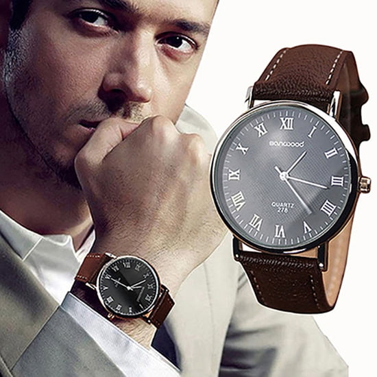 MWstore Men Business Wrist Watch Faux Leather Roman Numerals Analog Quartz Wristwatch