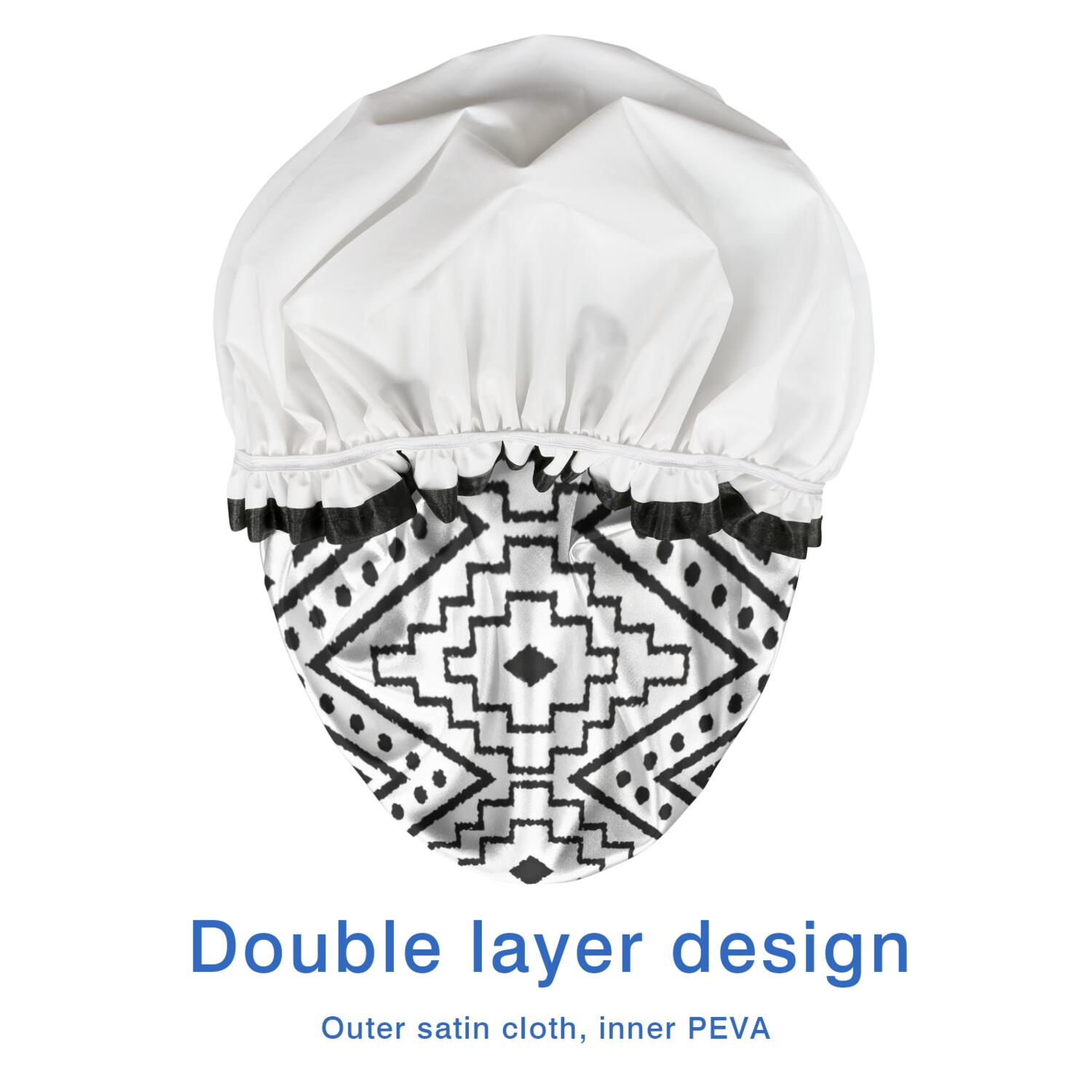 Shower Caps,Black Geometric Diamond Pattern Waterproof Shower Cap for Women 4 Pieces,Double Reusable Hair Cover for Shower PEVA Elastic Stretch Hem
