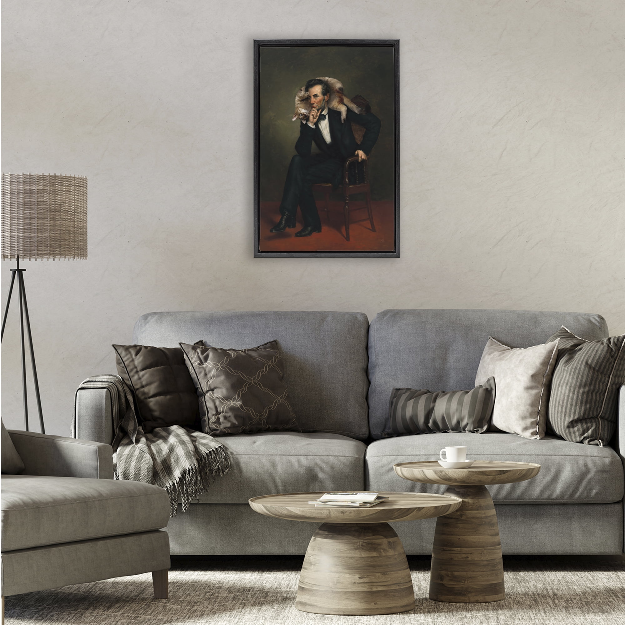 Stupell Industries Cat & Historical Leader Black Framed Floater Canvas Wall Art, design by Sarah Adams