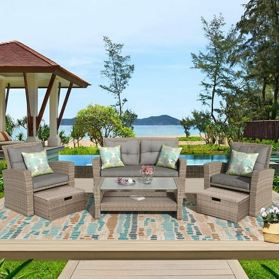SEGMART 6 Piece Outdoor Patio Furniture Sets, All-Weather Rattan Conversation Set with Ottoman & Cushions, Outdoor Sectional Wicker Set for Backyard, Deck, Poolside, Gray