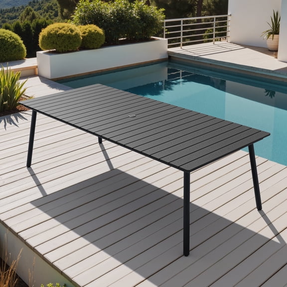 Crestlive Products 95" Patio Outdoor Dining Table for 8-10, Sturdy Aluminum Frame Wood-Grain Top with Umbrella Hole, Black