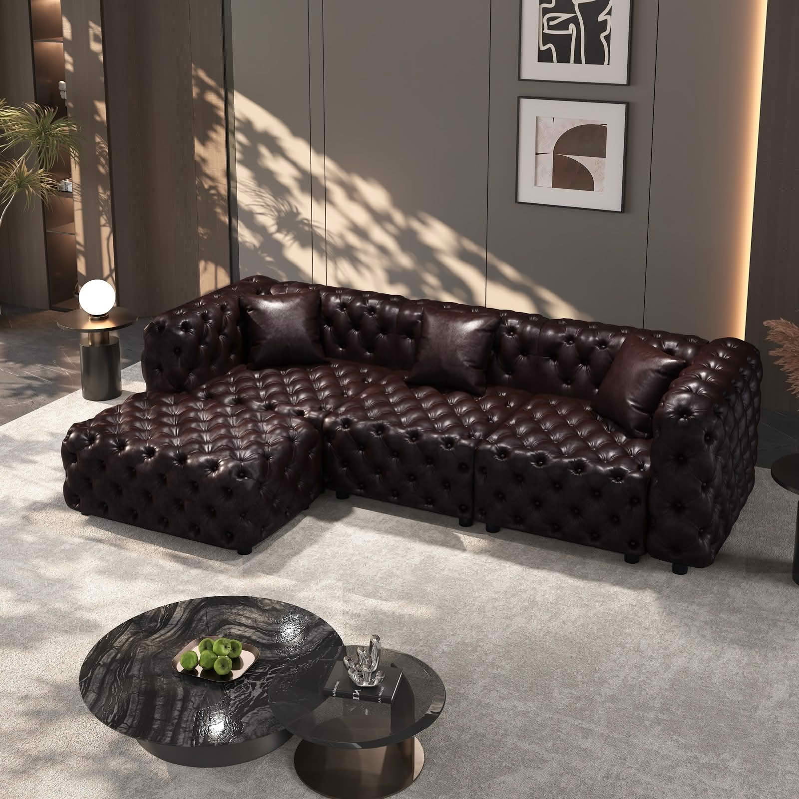 MAYEERTY 105.7" 3‑Seat Faux‑Leather Modular Sofa Set, Handcrafted Button Tufted Couch with Ottoman & 3 Pillows for Living Room & Small Apartment