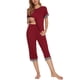 thumbnail image 4 of Conjunto de pijama para mujer INSPIRE CHIC, con cuello redondo, camiseta de manga corta y pantalones capri, ropa de descanso casual para dormir, talla XL, rojo, 4 of 5