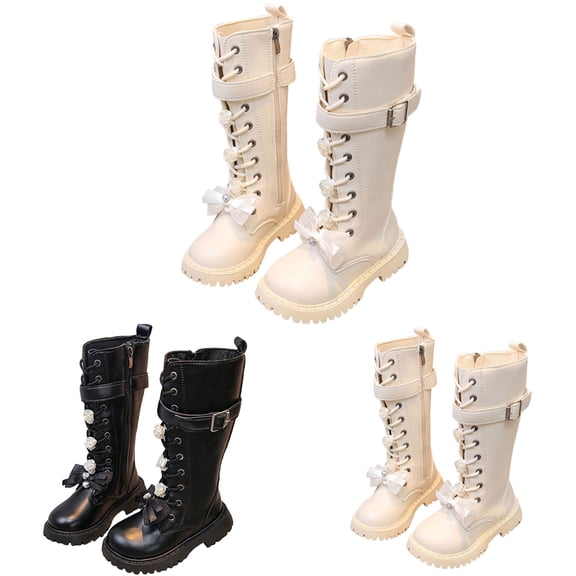 Dakaela 4-12Y Girls Leather Knee High Boots Flower Lace up Buckle Bow Combat Booties Kids Winter Tall Motorcycle Riding Shoes Beige