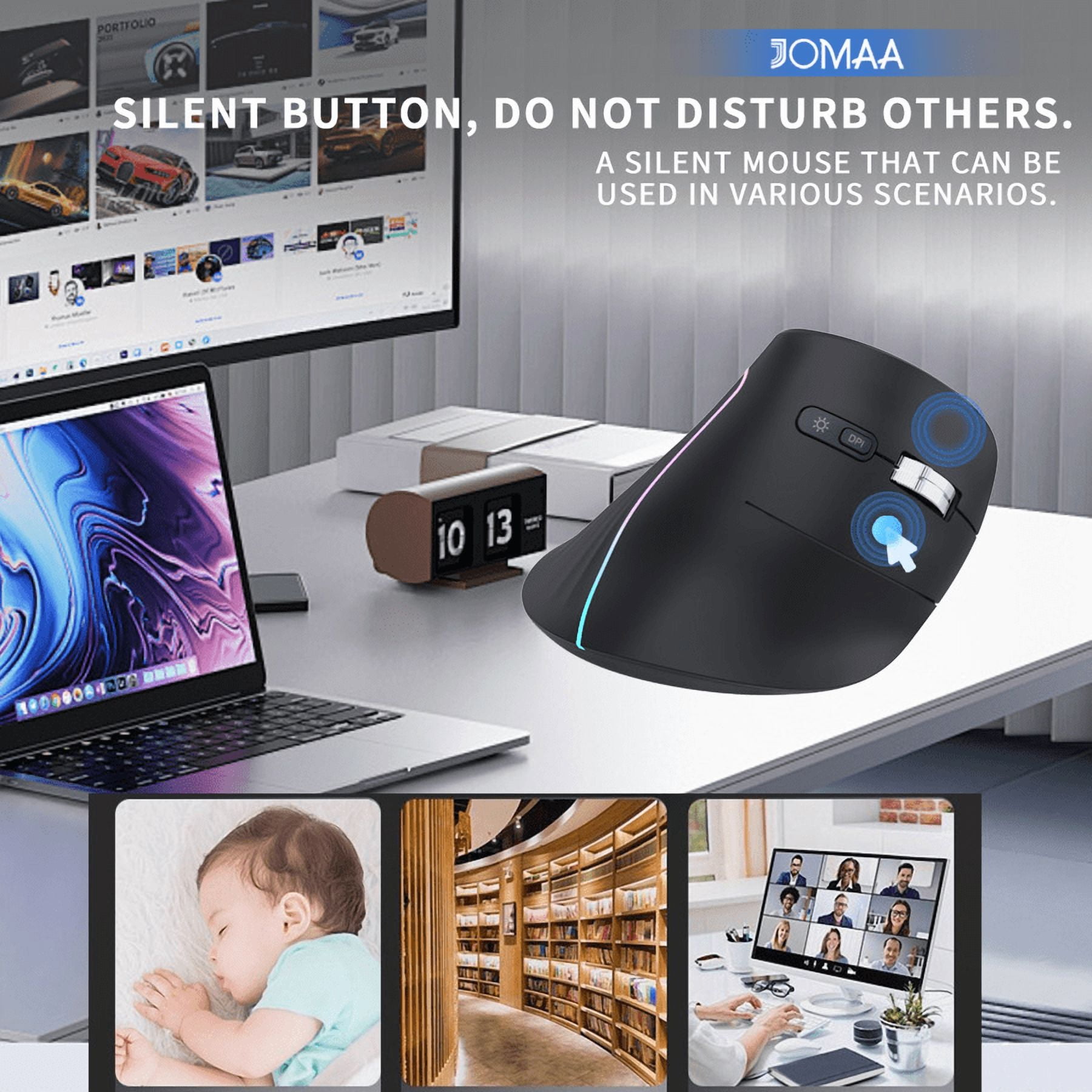 JOMAA Right Hand RGB Backlit Vertical Wireless Mouse for Computer Laptop Bluetooth Ecrognomic Mice Slinet Click