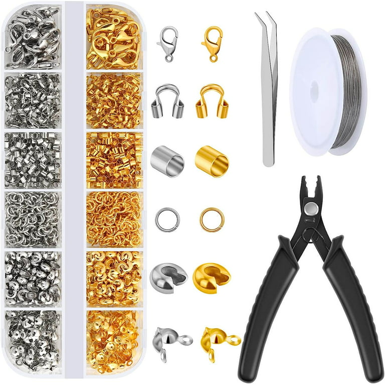 Vellibring 2400pcs Crimp Beads for Jewelry Making,Open Jump Rings Jewelry Crimp Beads Covers Tubes Lobster Clasps Necklace Repair Kit with Pliers