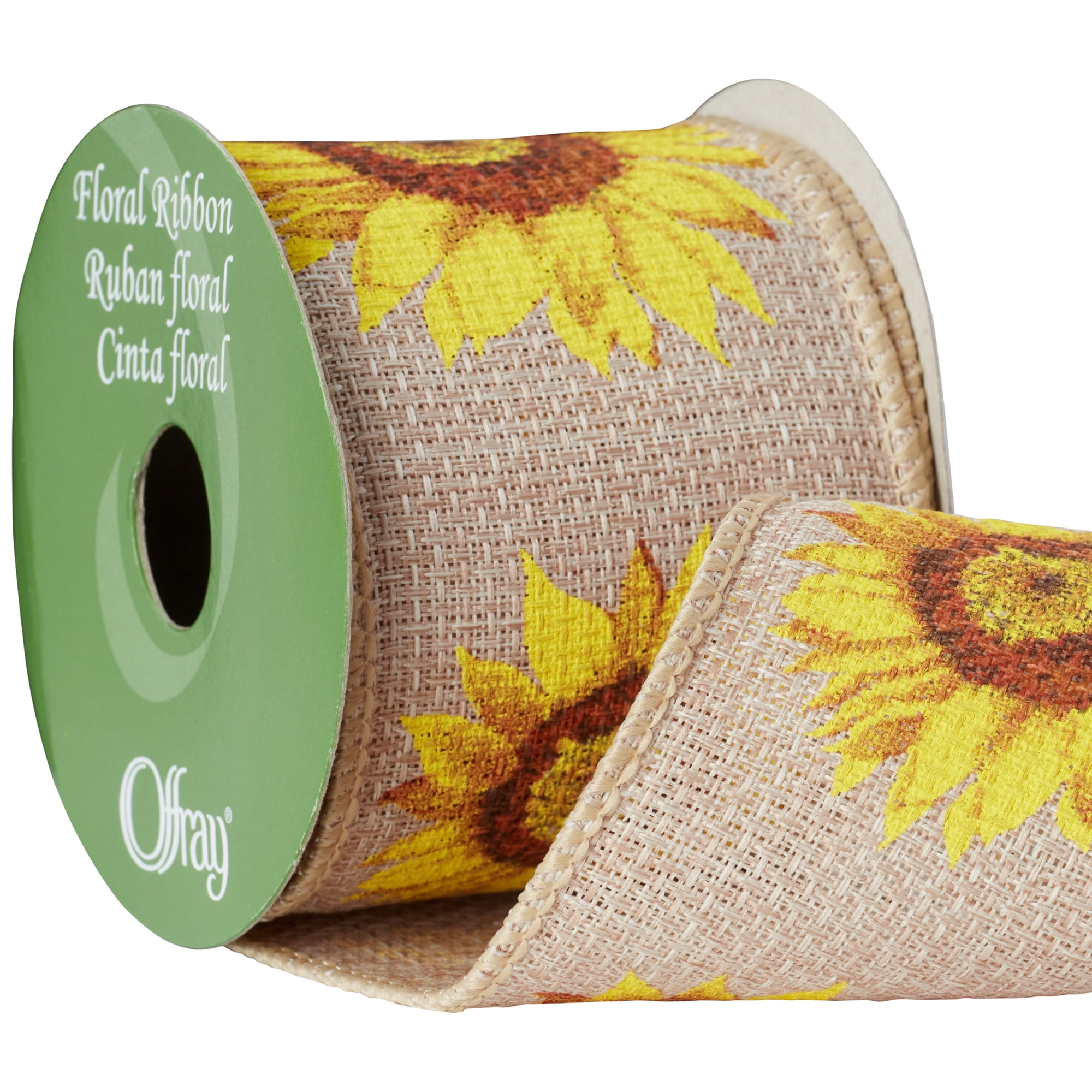 Offray Ribbon, Yellow 2 1/2 inch Wired Sunflower Burlap