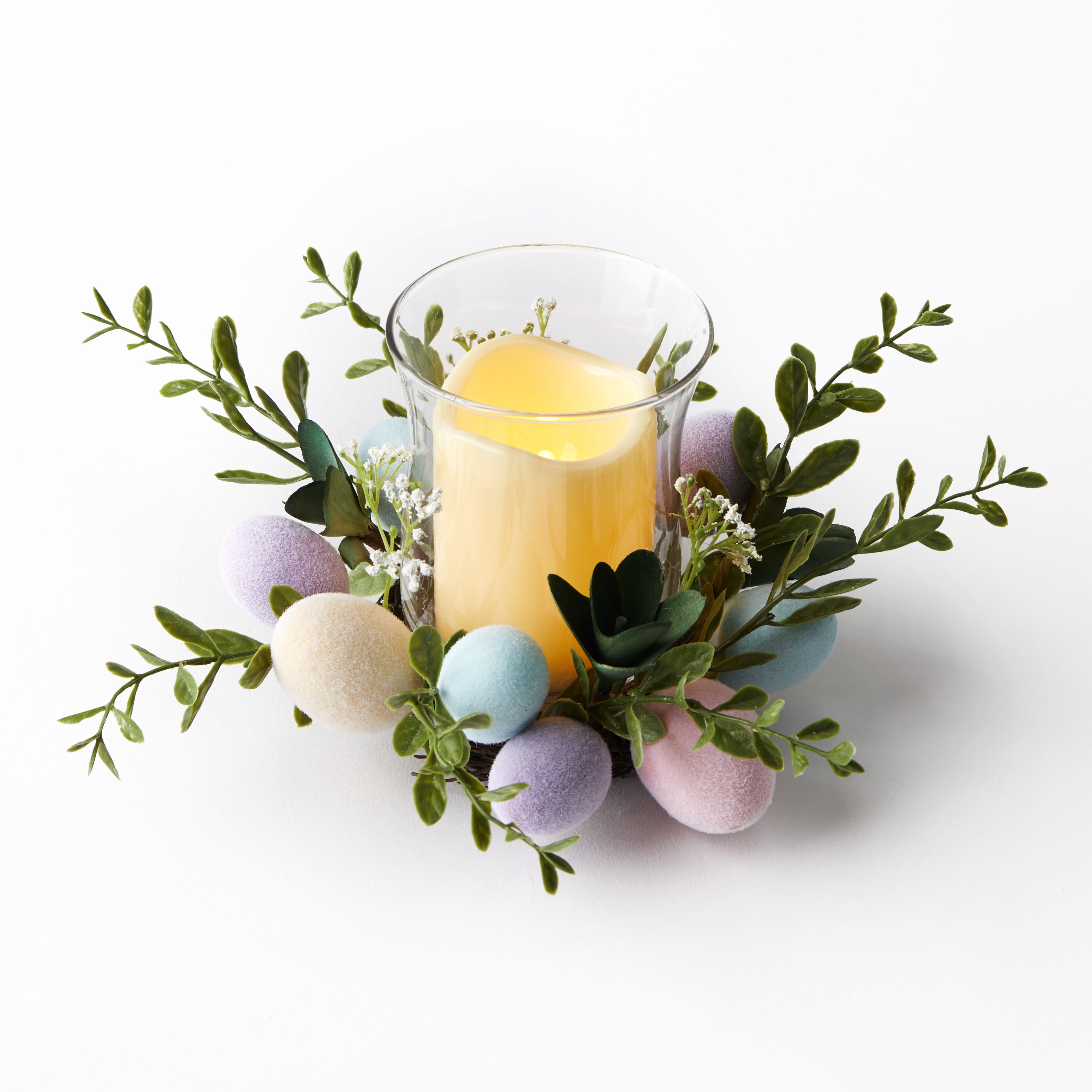 Lighted LED Velvet Hurricane Easter Candle with Eggs and Floral Accent