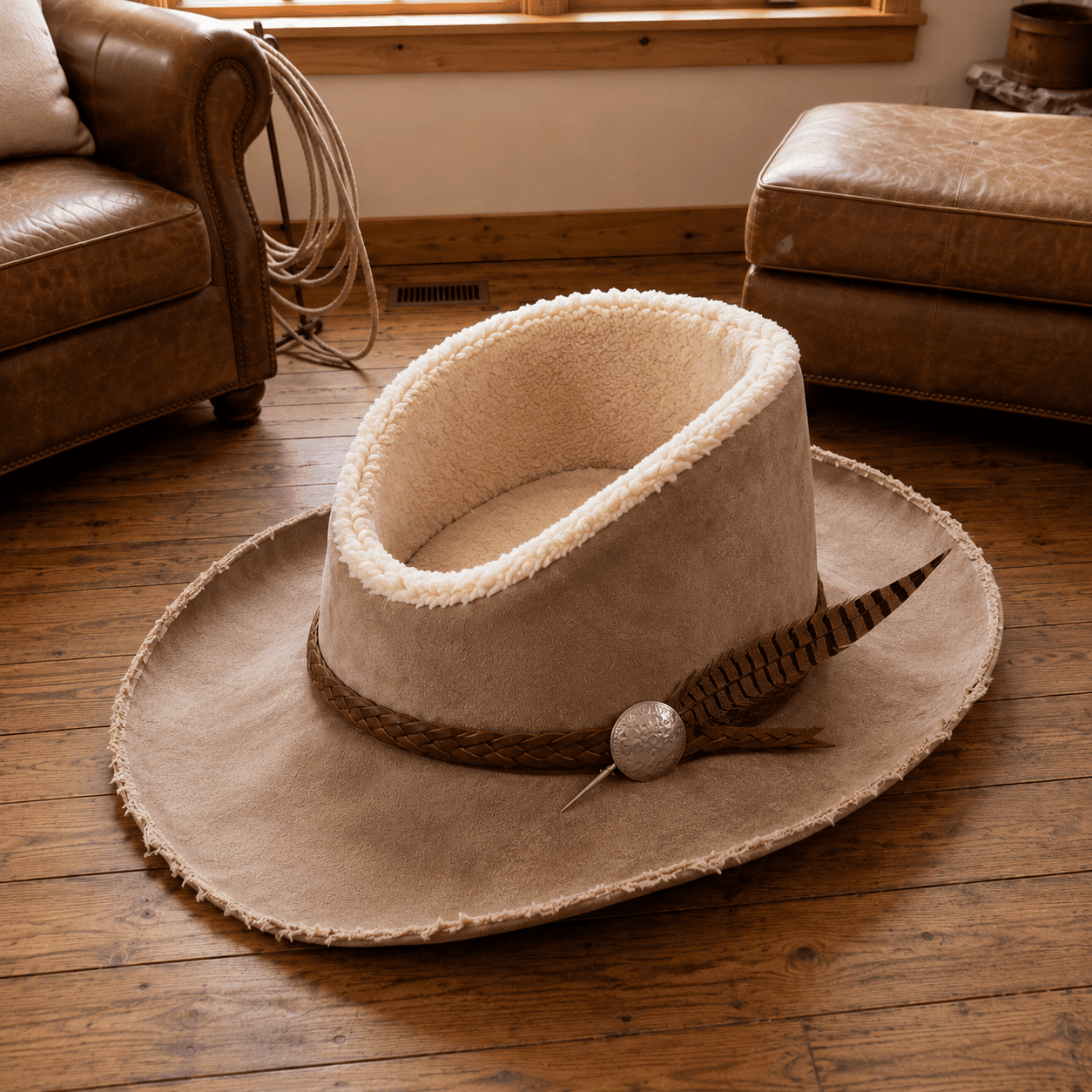 Plush Cowboy Hat Dog Bed Western Faux Suede Pet Nest with Feather Accent & Soft Sherpa Cushion Cozy Bed for Medium Dogs