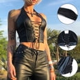 thumbnail image 4 of DHFJKG PU Leather Camisole Tops For Women Halter Deep V Neck Sexy Lace Up Low Cut Crop Top Slim Fit Sleeveless Summer Fashion Clothes Trendy Tops, 4 of 4