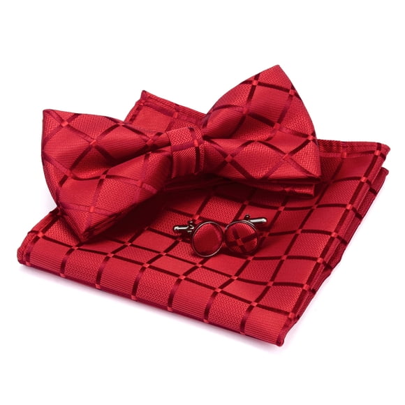 GUSLESON Red Bow Tie Wedding Mens Plaid Pre-tied Bowtie and Pocket Square Cufflink Set(0582-13)