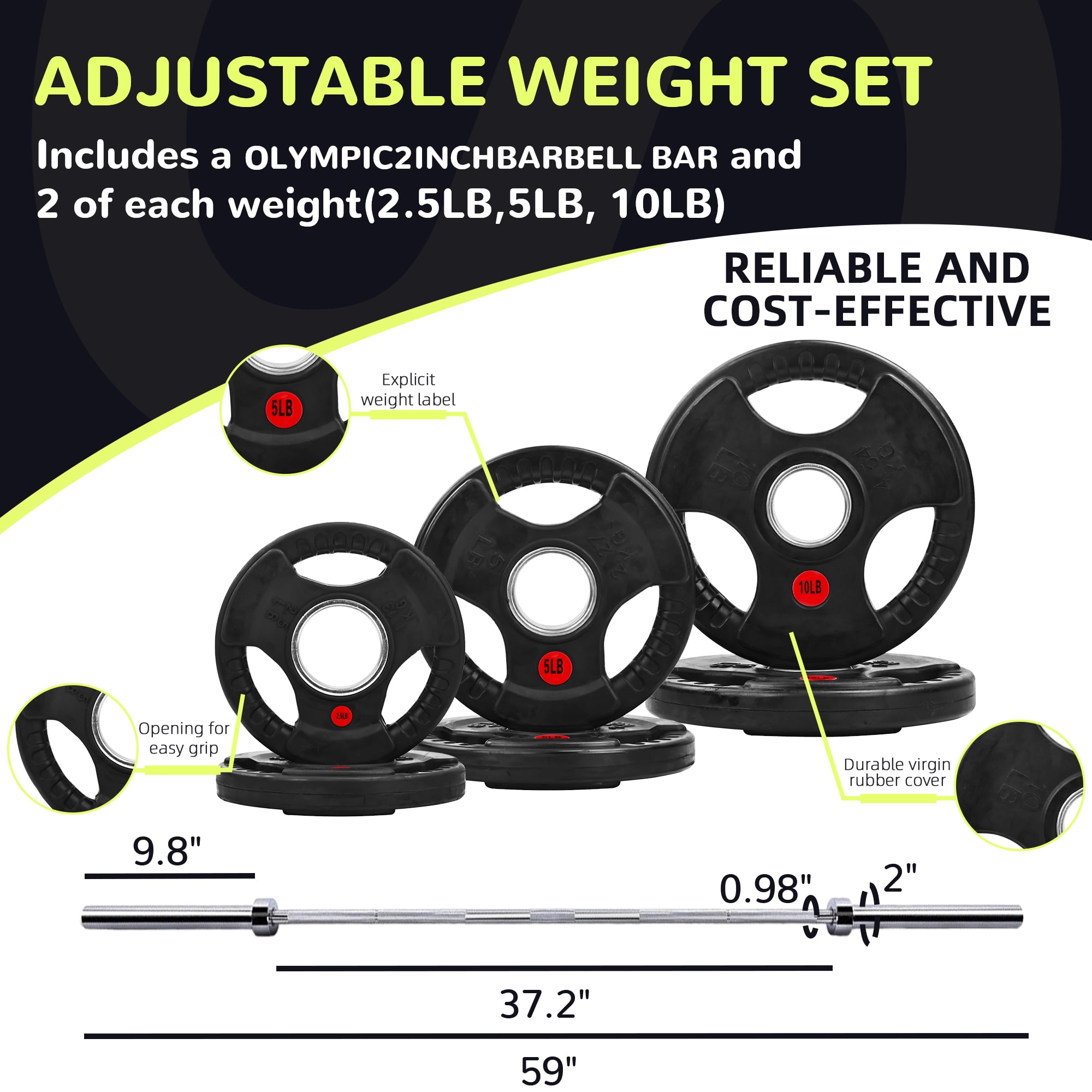 BalanceFrom 65Lb Olympic Barbell Set with Cast Iron Plates, 5ft Bar, Safety Locks, Rubber Coating, for Squats, Bench Press