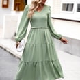 thumbnail image 3 of Vestido casual fruncido para mujer, manga larga, cuello redondo, 3 of 6