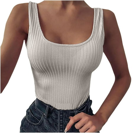 

CYMMPU Women Clothing Women s Round Neck Tank Slim Fit Crop Tops Summer Shirts Cami Solid Cropped Tank Sexy Bustier Streetwear Sleeveless Gray