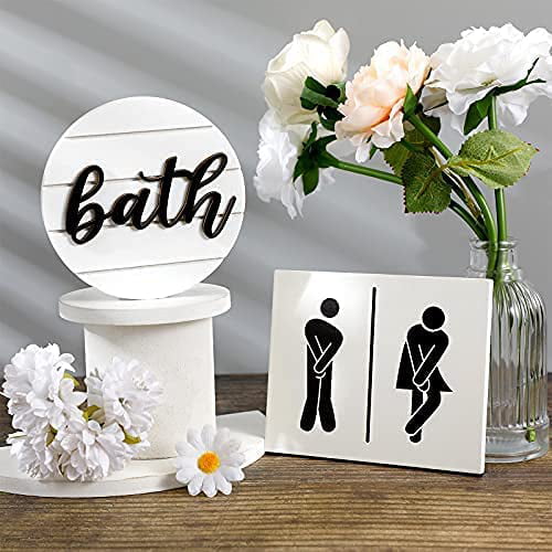 2 Pieces Cute Bathroom Wood Sign Funny Unisex Wood Sign Wooden Restroom Sign Rustic 3D Bath Sign Bath Letter Shiplap Wooden Sign Round Wood Bathroom Signs Decor for Bathroom Tiered Tray Table 