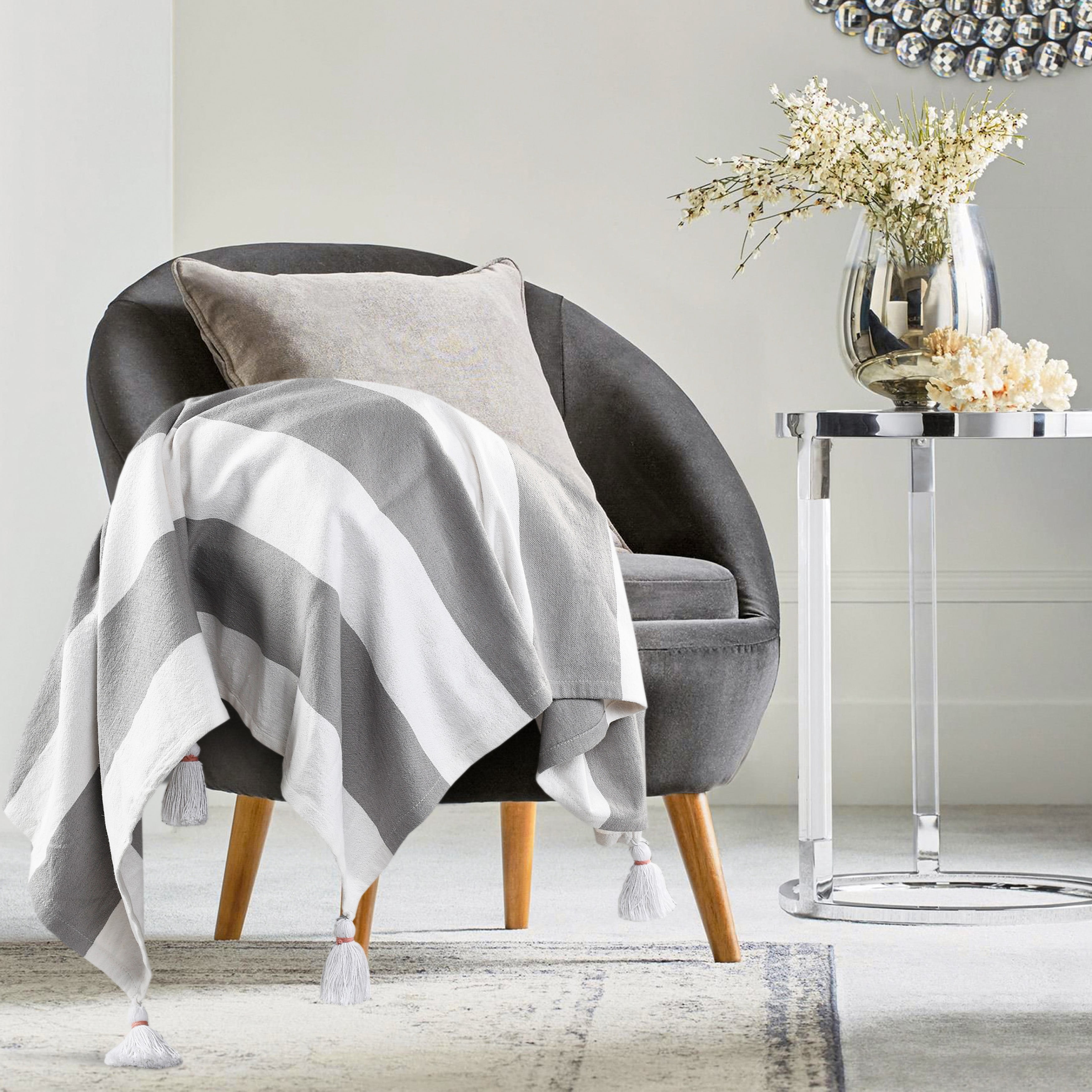 Ox Bay Gray Striped Cotton Throw Blanket, 50" x 60"