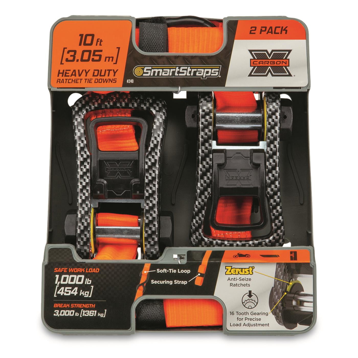 SMARTSTRAPS 240 Orange 10' Premium Ratchet Straps, 2 Pack (CarbonX, 3,000 lbs)